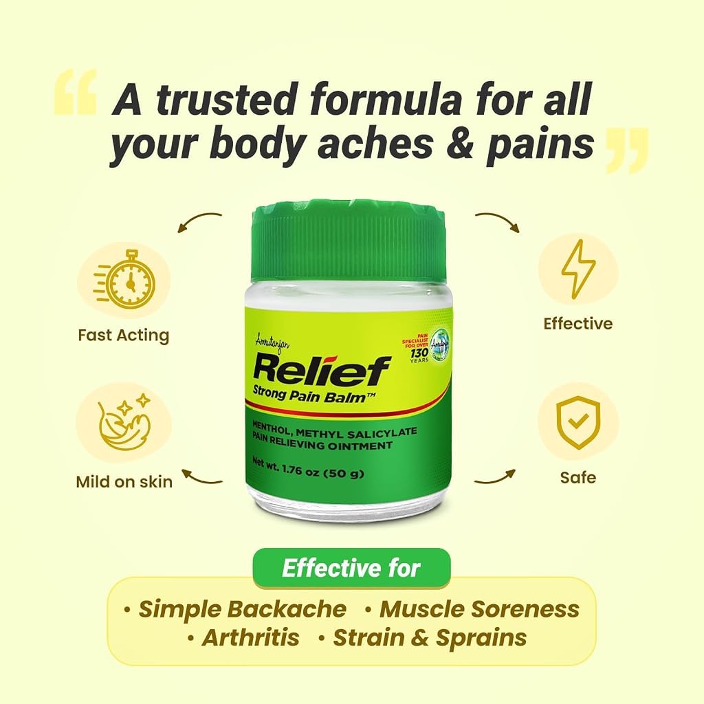 Amrutanjan Relief Strong Pain Balm for Men & Women - Joint & Muscle Pain Relief Rub, Topical Ointment Rub for Arthritis, Bruises, Backache, Knees, Joints, Strains & Sprains, Fast Acting- 1.76 oz (50g) - Image 7